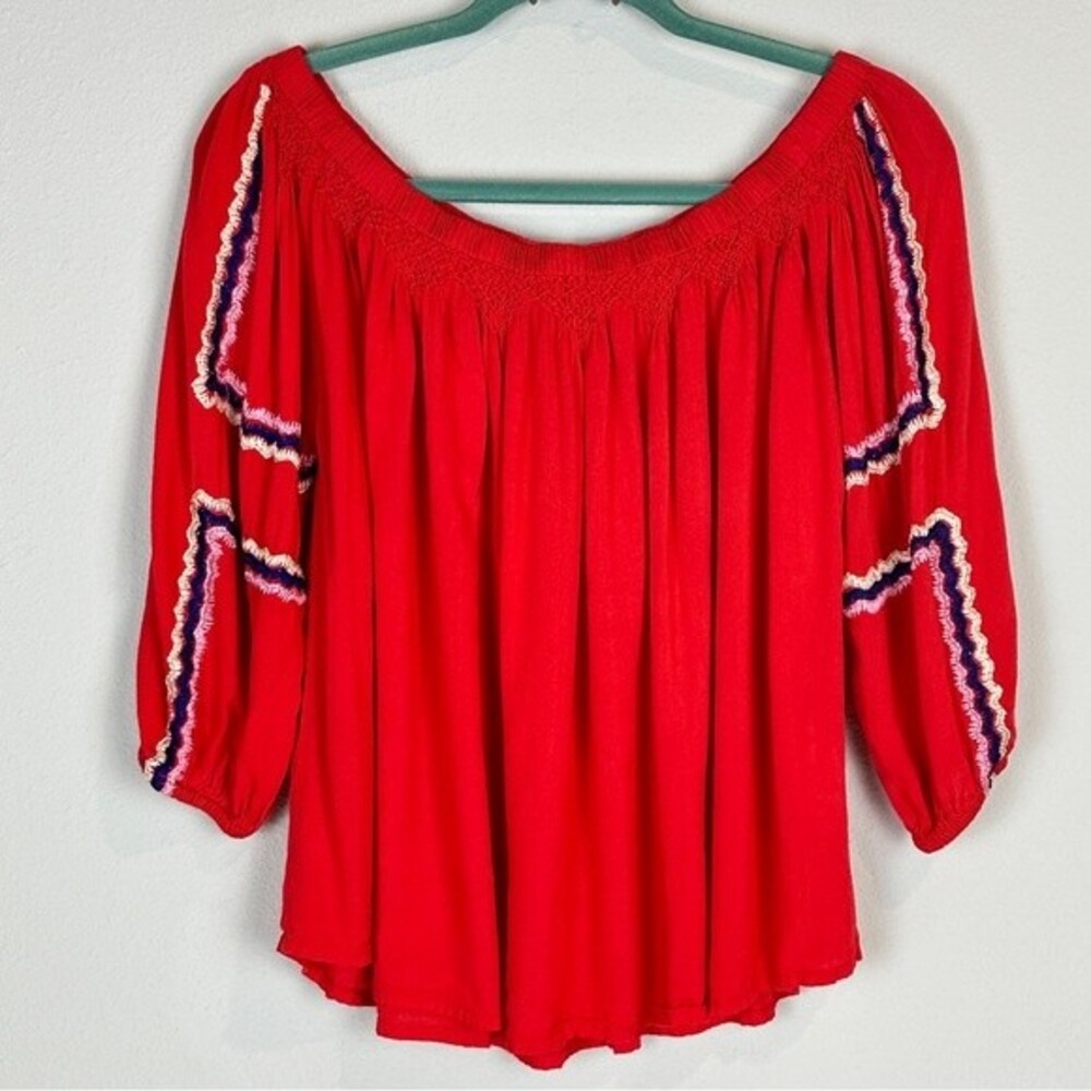 KAS New York Red Smocked Cold Shoulder Embroidered Boho Top S